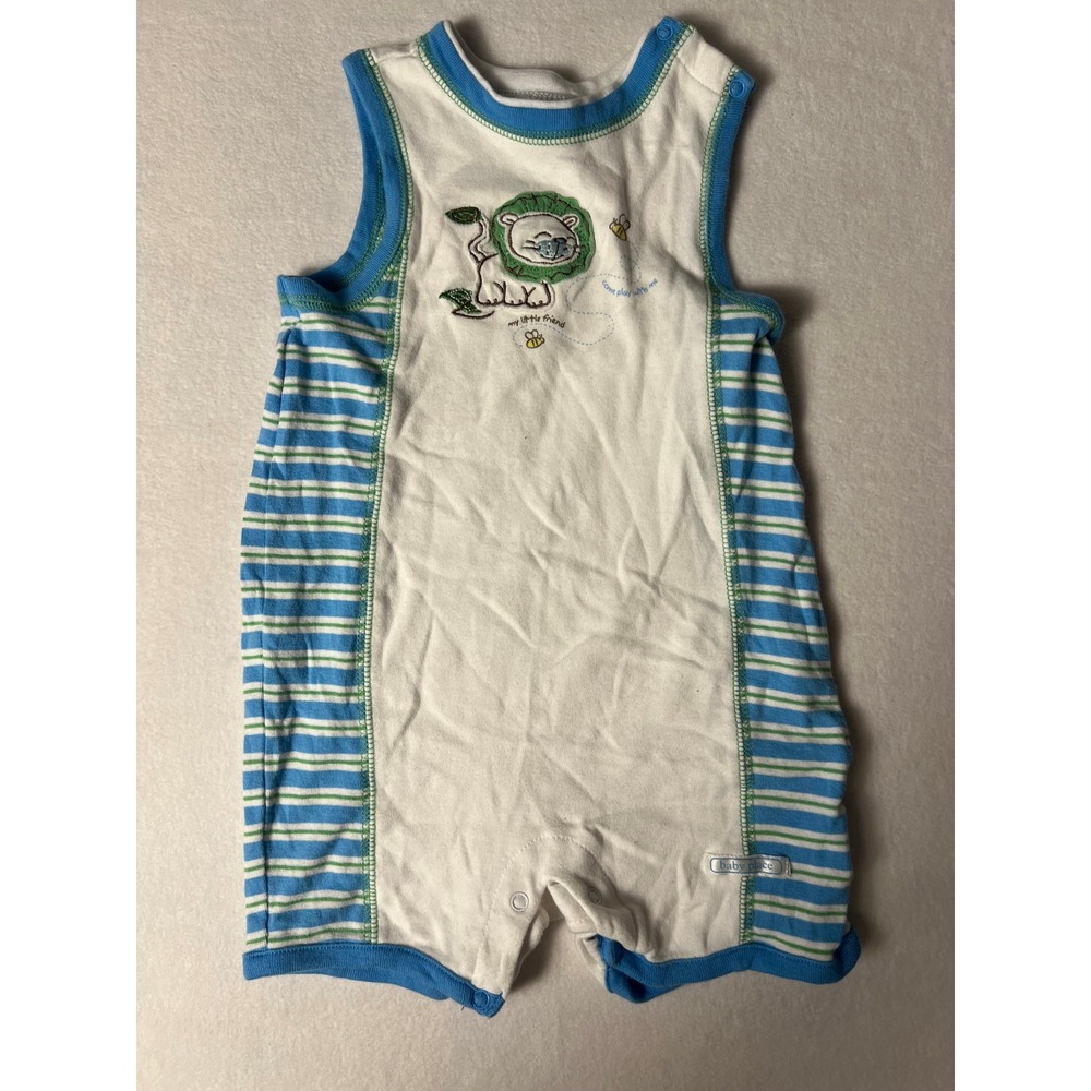 The Children's Place Romper Baby 12M White Blue Striped Lion Graphic Sleeveless